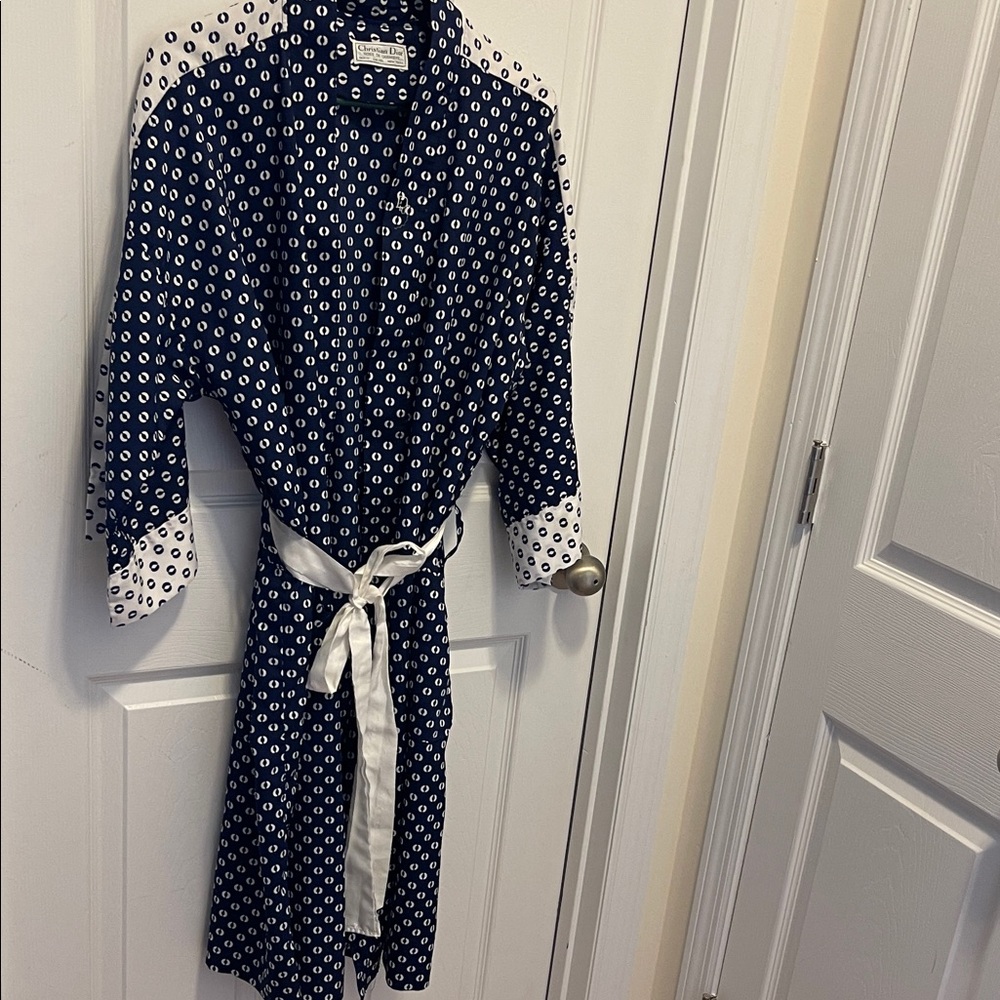 Christian Dior Vintage Navy and White Polka Dot Robe with Belt
